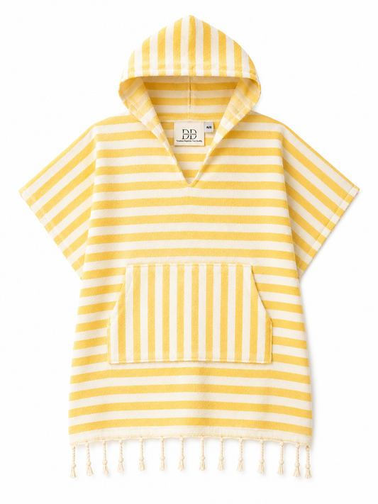 Mini Kinderponcho – Sonnengelb & Naturweiß