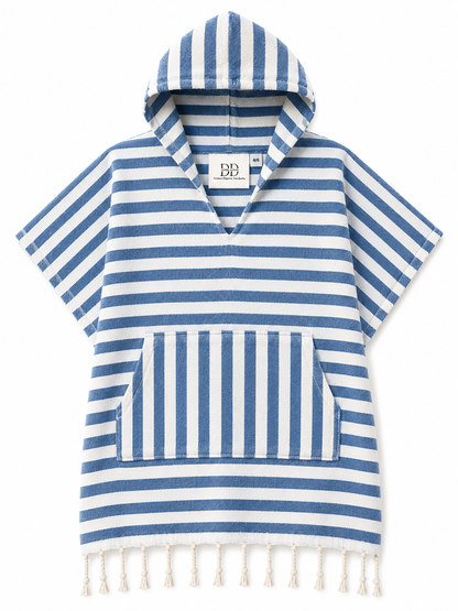 Mini Kinderponcho – Meeresblau & Naturweiß