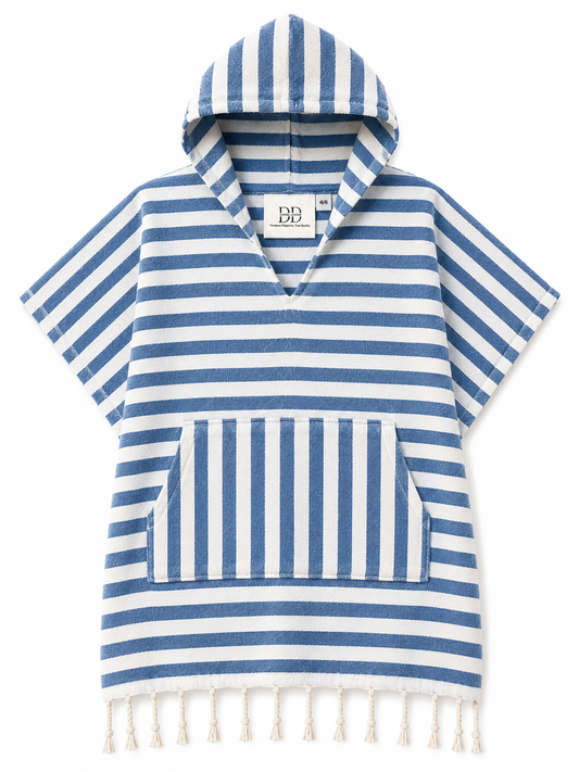 Mini Kinderponcho – Meeresblau & Naturweiß